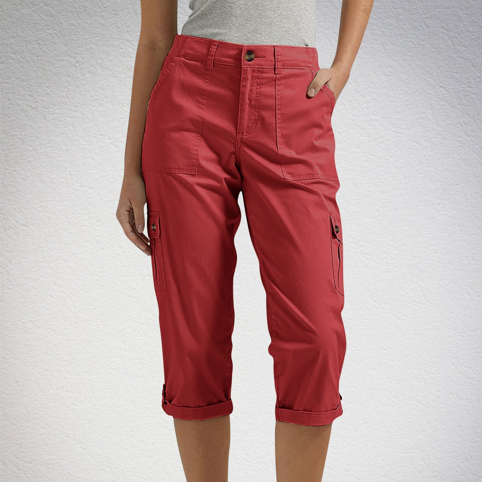 Women's high waist capri pants with pockets in Red