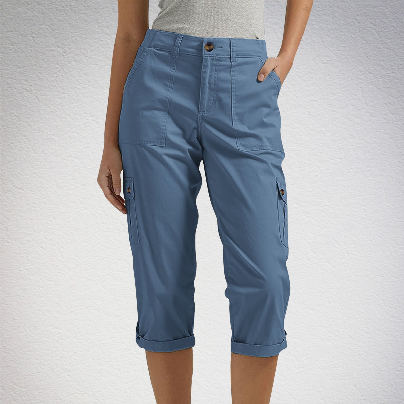 Women's high waist capri pants with pockets in Blue