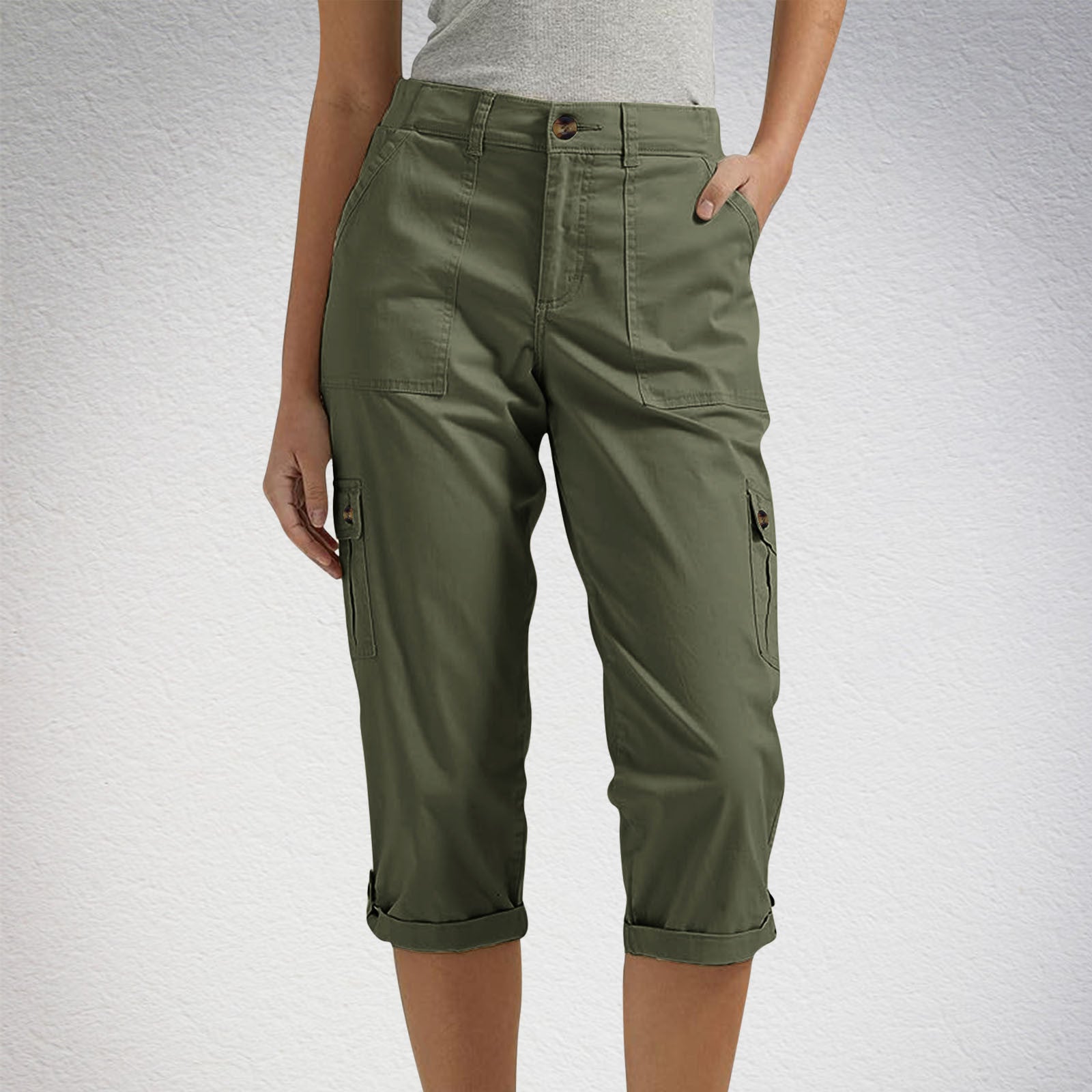 Women's high waist capri pants with pockets in Army Green