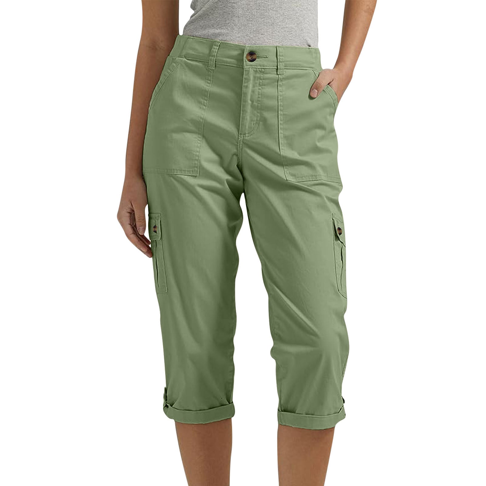 Women's high waist capri pants with pockets in Green