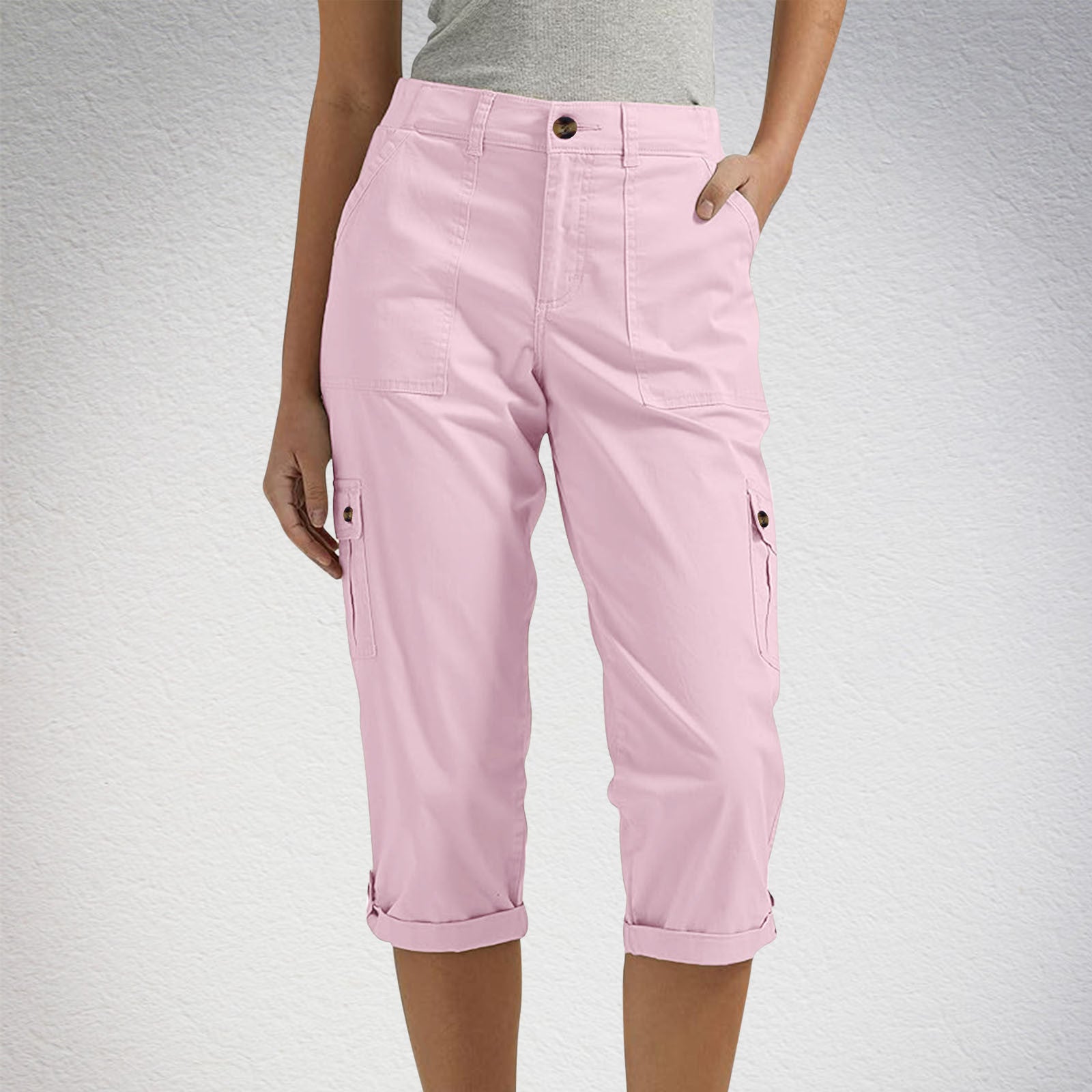 Women's high waist capri pants with pockets in Pink