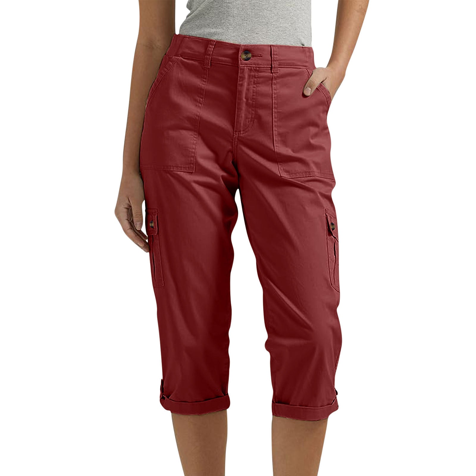 Women's high waist capri pants with pockets in Wine Red