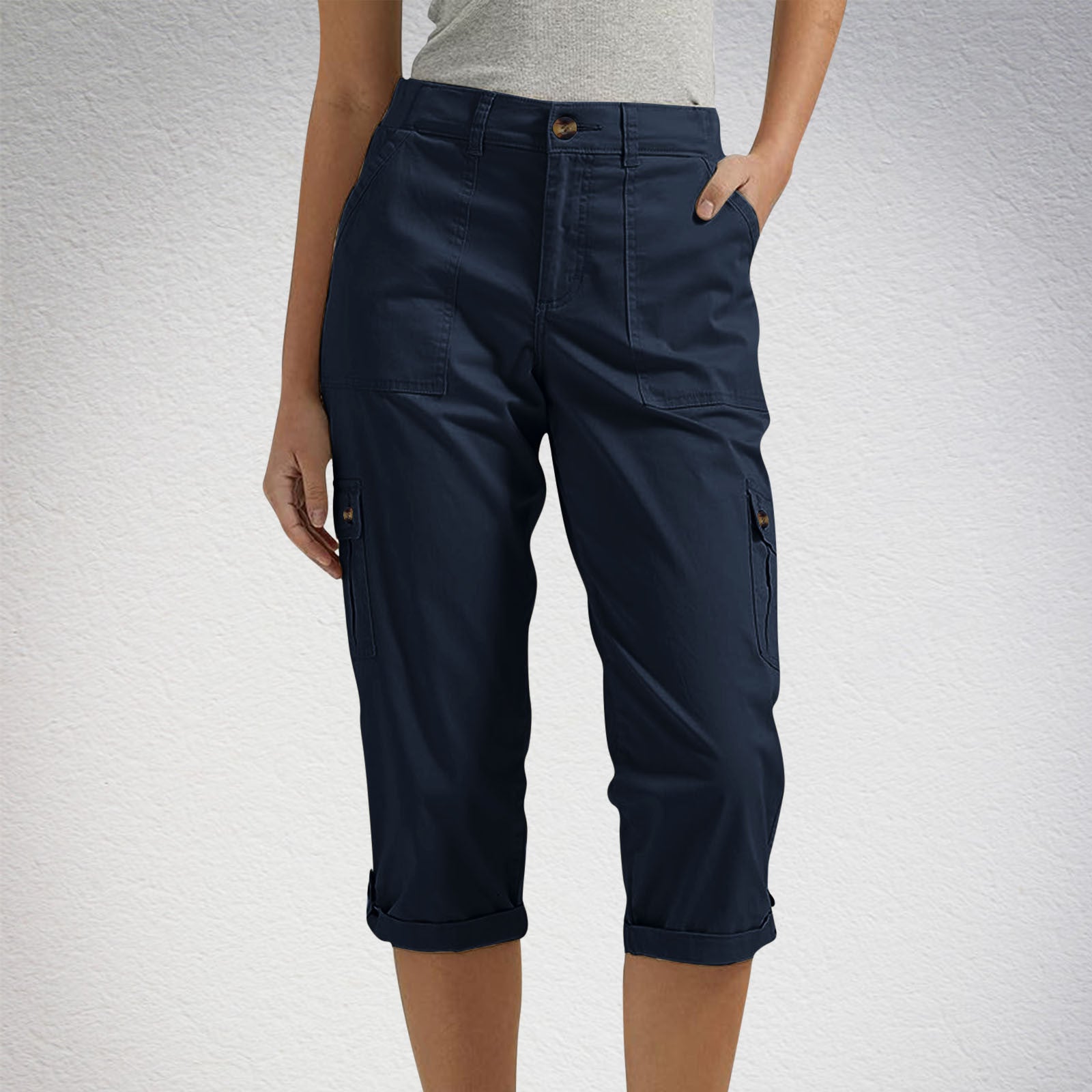Women's high waist capri pants with pockets in Navy Blue
