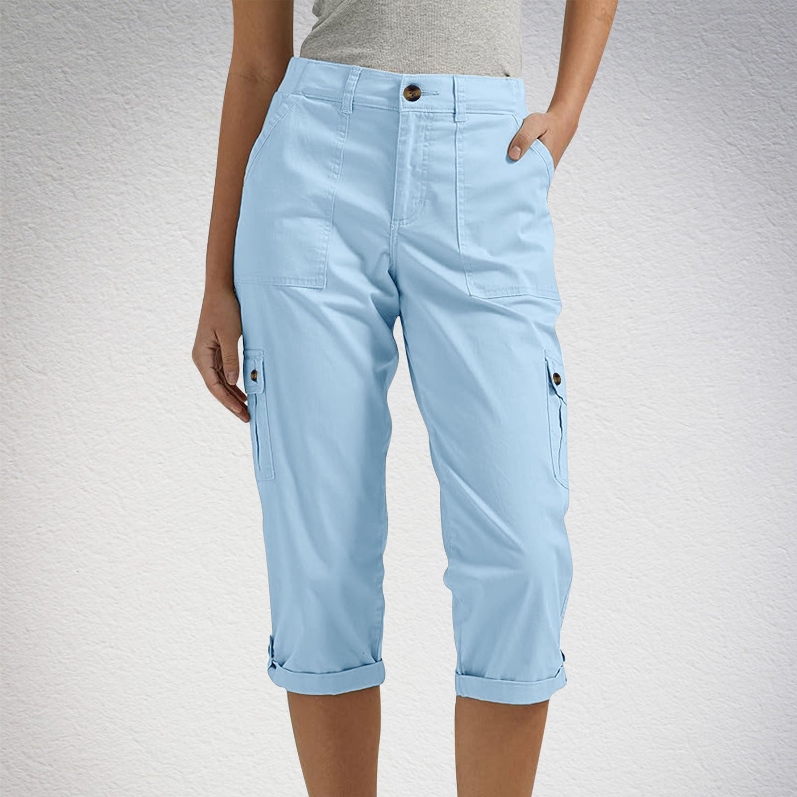 Women's high waist capri pants with pockets in Sky Blue